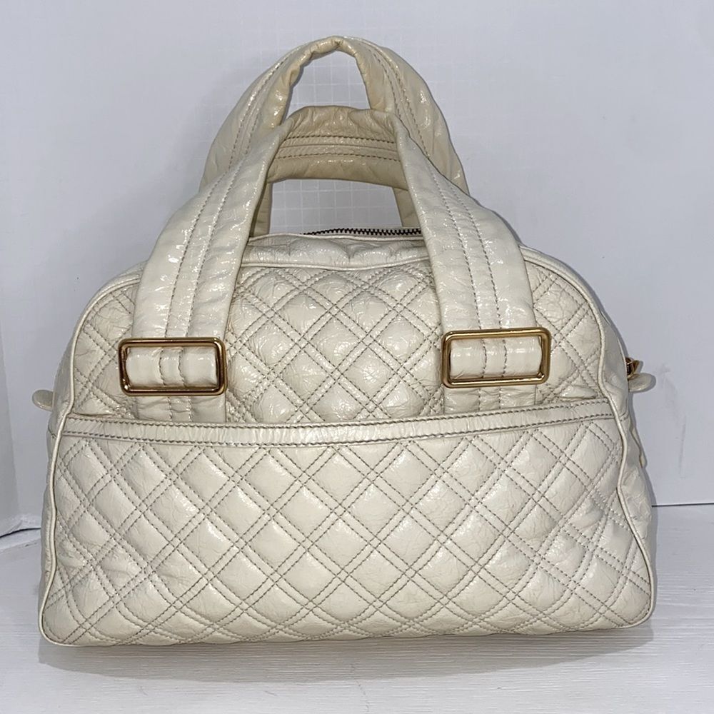 Marc Jacobs Ursula Quilted Patent Goatskin Leather Cream Satchel Lg Bowler Bag - Picture 3 of 12